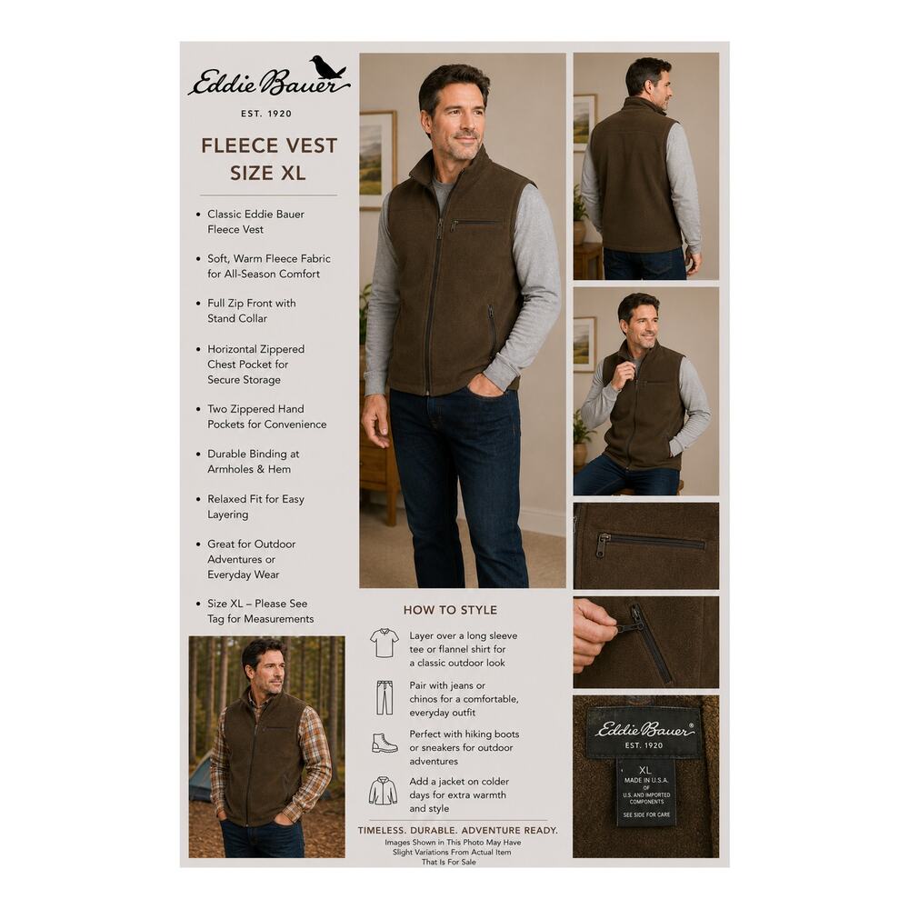 Eddie Bauer Mens Fleece Vest XL Brown Full Zip Pockets Outdoor Hiking Casual EUC